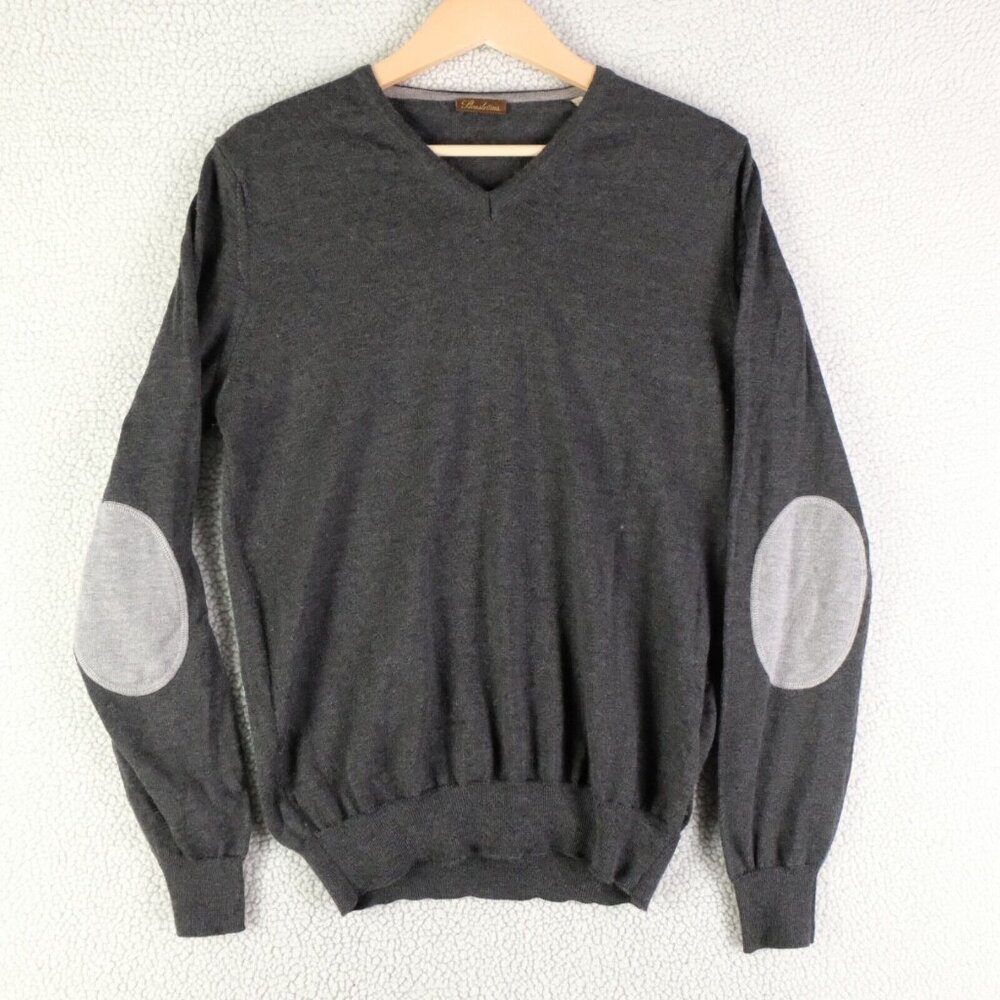Stenstroms Sweater Mens Medium Gray Merino Wool Lightweight Elbow Patches V Neck